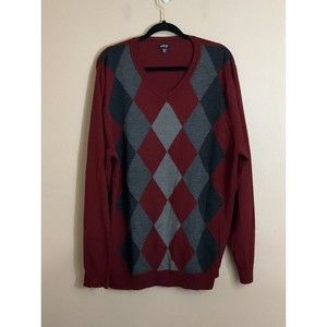 Apt 9 Mens Merino Wool Blend Sweater Size 2XB Red Argyle V-neck Pullover Preppy